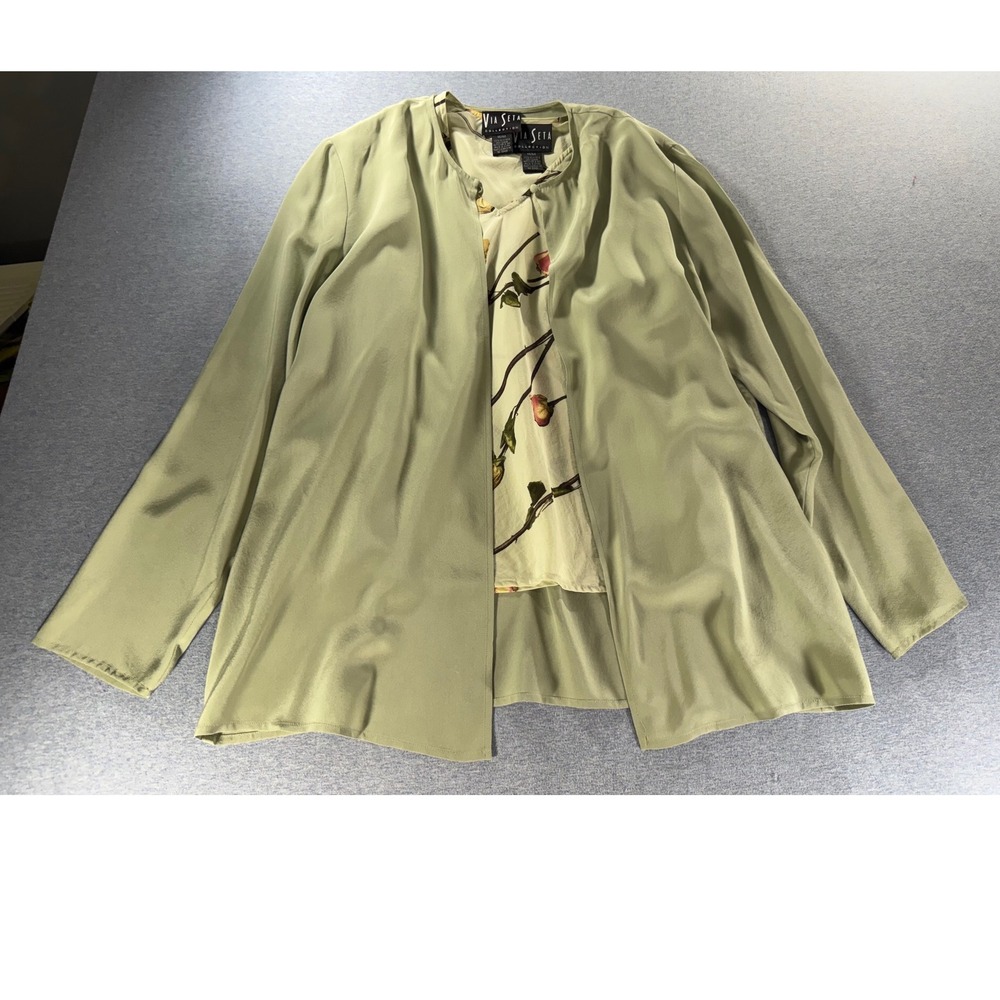 Via Seta Collection Silk 2 Piece Set Cardigan Blouse Sage Green Floral 12 14